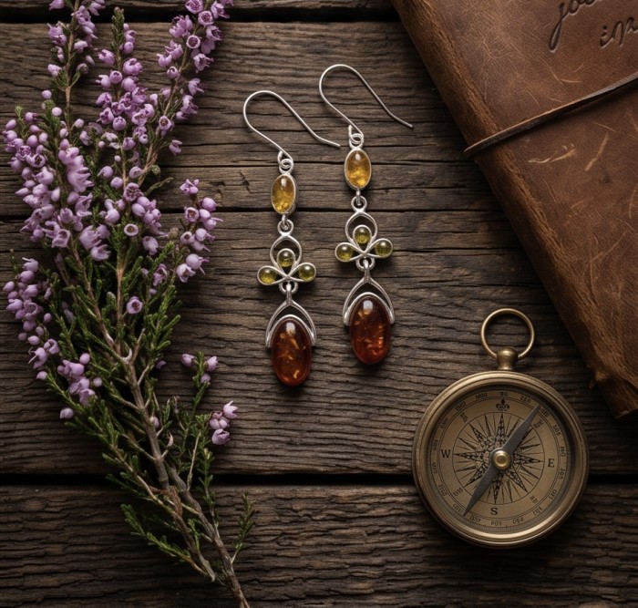 Natural Baltic Amber .925 Sterling Silver handmade earrings - Sterling silver Baltic amber earrings with flowers and journal flatlay.