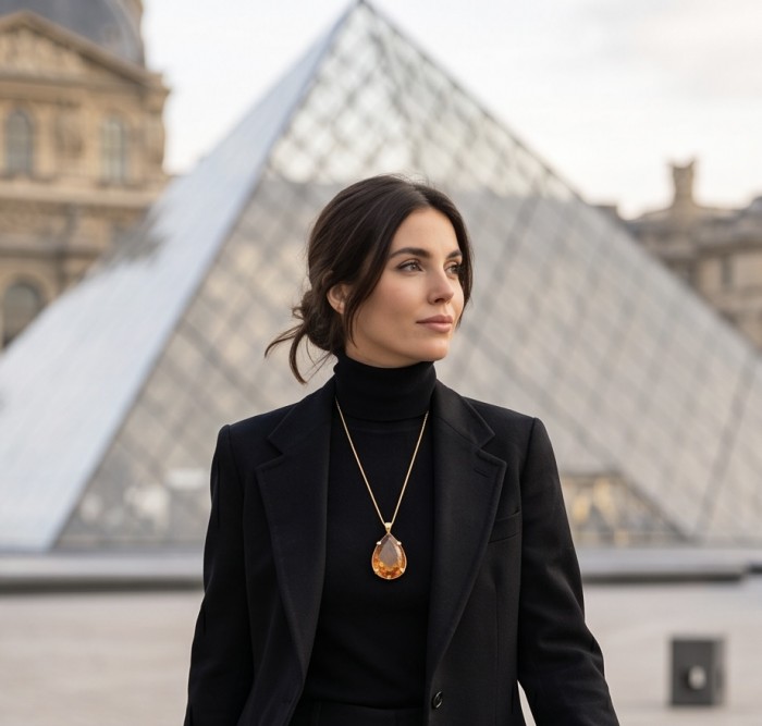 Oval cut 37.3 carat Lemon Quartz 22K Gold over .925 Sterling Silver handcrafted pendant - 37.3 carat Lemon Quartz necklace worn by a model in front of the Louvre Pyramid