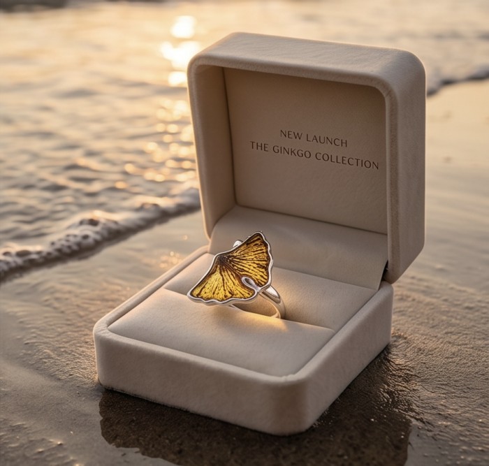 Calla lily Authentic Golden carved Baltic Amber .925 Sterling Silver entirely handcrafted LARGE ring; s. 7 adjustable - Ginkgo leaf ring in box, beach background, close-up view