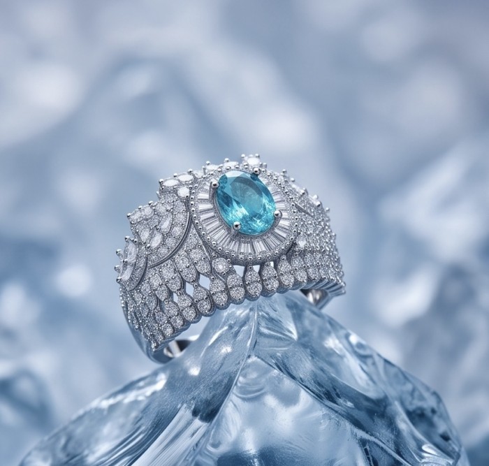 Wonderland 1.5 carat Brazilian Paraiba Tourmaline .925 Sterling Silver Handcrafted Ring size 8 1/4 - Paraiba Tourmaline ring with diamond details on icy background, front view.