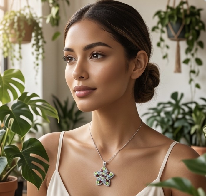 Colors of the Earth Precious 24.5 carat Multigem .925 Sterling Silver dipped in rhodium Pendant - Woman wearing Colors of the Earth multigem necklace, side view.