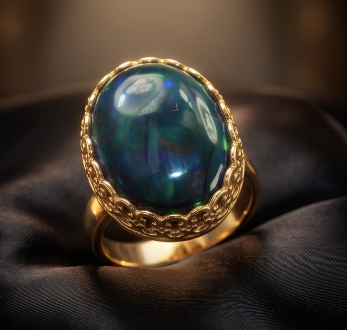 Milky way Genuine 18.2 carat Black Opal 18K Gold over .925 Sterling Silver handmade Ring size 6 - Close-up of Milky Way Black Opal ring in 18K gold setting.