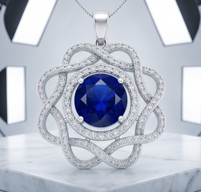 Julietta 4.5 carat genuine Sapphire .925 Sterling Silver dipped in rhodium handmade Pendant - Sapphire pendant in sterling silver with diamond accents, close-up view.