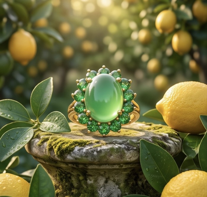 Rare! Fiammetta oval cut 18.2 carat Green Tourmaline Tsavorite Garnet .925 Sterling Silver dipped in 22k Gold entirely handmade Ring size 7 - Close-up of Fiammetta Green Tourmaline ring amid lemon trees