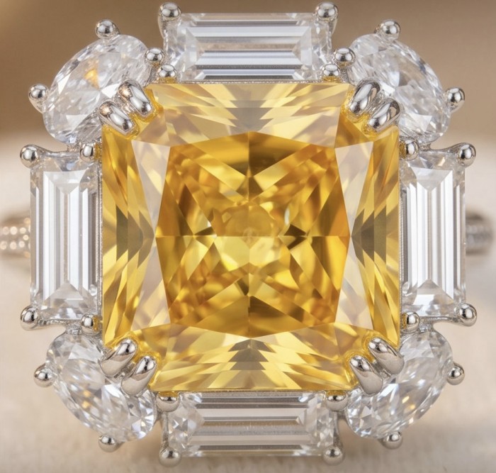 Art Deco - Luxurious asscher cut 15.7 carat Yellow Sapphire rhodium over .925 Sterling Silver handcrafted Ring s. 6 - Close-up of Art Deco asscher cut 15.7 carat yellow sapphire ring