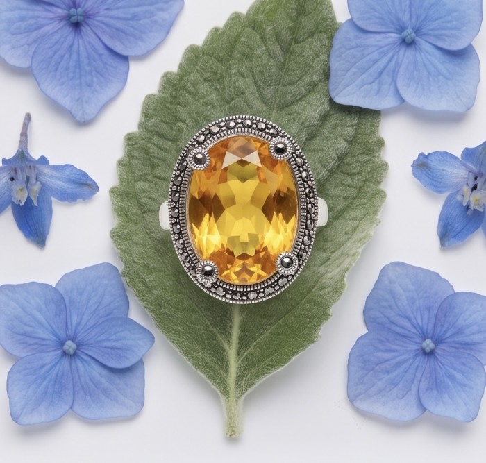 Authentic oval cut 31.2 carat Golden Topaz rhodium over .925 Sterling Silver ring s. 8 - Close-up of oval cut 31.2 carat Golden Topaz ring on leaf with blue flowers.