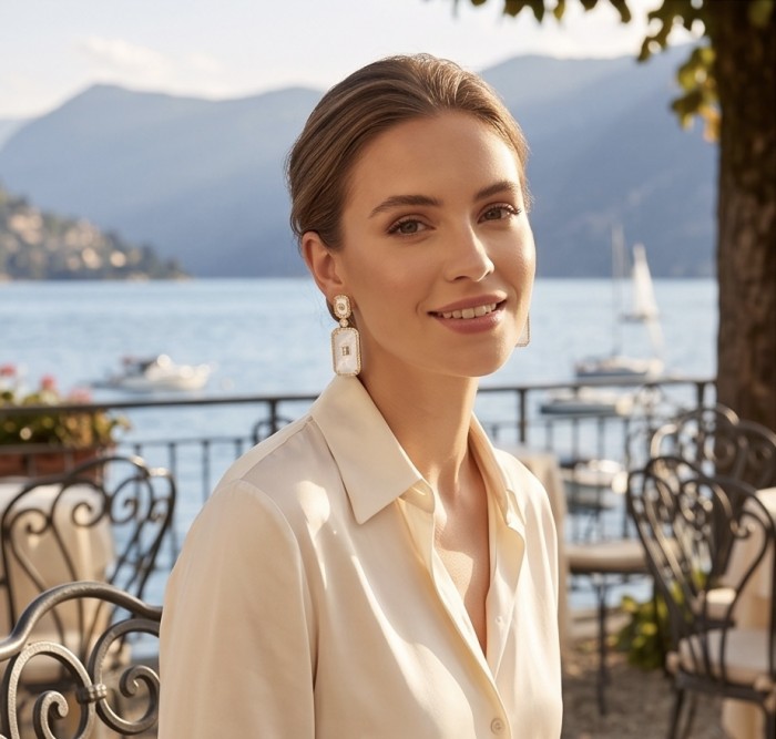 Genuine Blister Pearl lab grown Diamond 18K Gold over .925 Sterling Silver handcrafted Large Statement Earrings - Woman wearing blister pearl earrings, outdoor setting, front view.