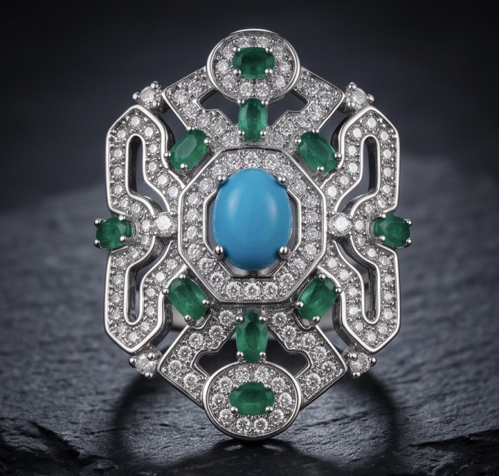 Art Deco - Pacifica - 18.4 carat Turquoise Emerald .925 Sterling Silver handmade Statement ring s. 7 - Art Deco ring close-up: turquoise, emeralds, diamonds, sterling silver