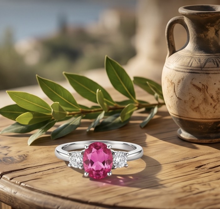 Scarlett 2.4 ctw Mozambique Ruby .925 Sterling Silver handcrafted Statement Ring size 8 - Close-up of Scarlett ruby ring with leaves and pottery in background
