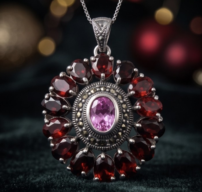 Giovanna 22.2 carat authentic Mozambique Ruby Marcasite .925 Sterling Silver handmade Pendant - Close-up of Giovanna 22.2 carat Mozambique Ruby Marcasite necklace