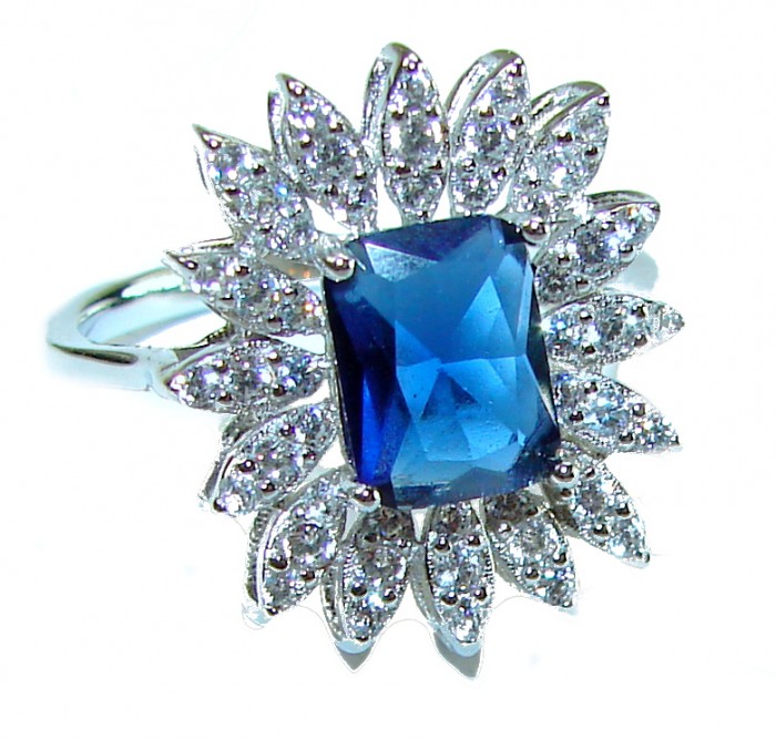 emerald cut 5.5 carat Sapphire .925 Sterling Silver handmade Statement ring; s. 7 - Emerald cut sapphire ring, top view, with diamond accents.