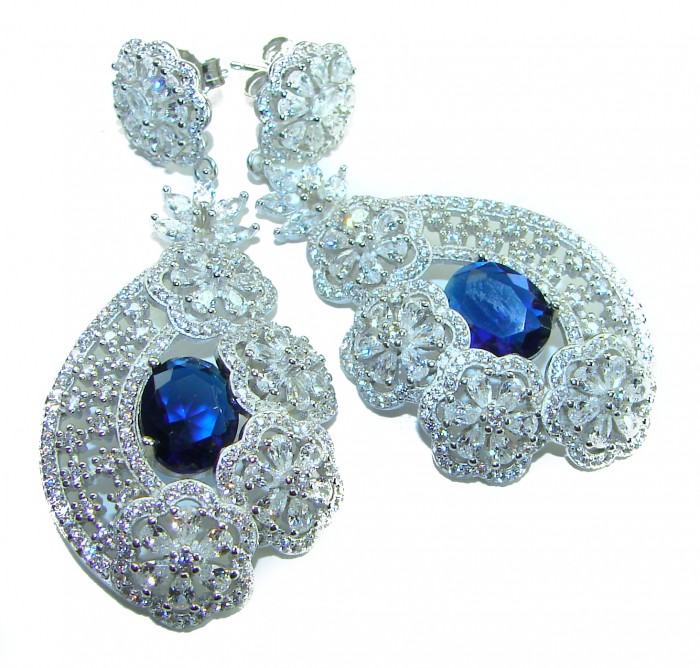 Special design! Opera - Precious - 11.8 carat Sapphire .925 Sterling Silver handcrafted Statement earrings - Elegant sapphire earrings with intricate floral detailing, angled view.