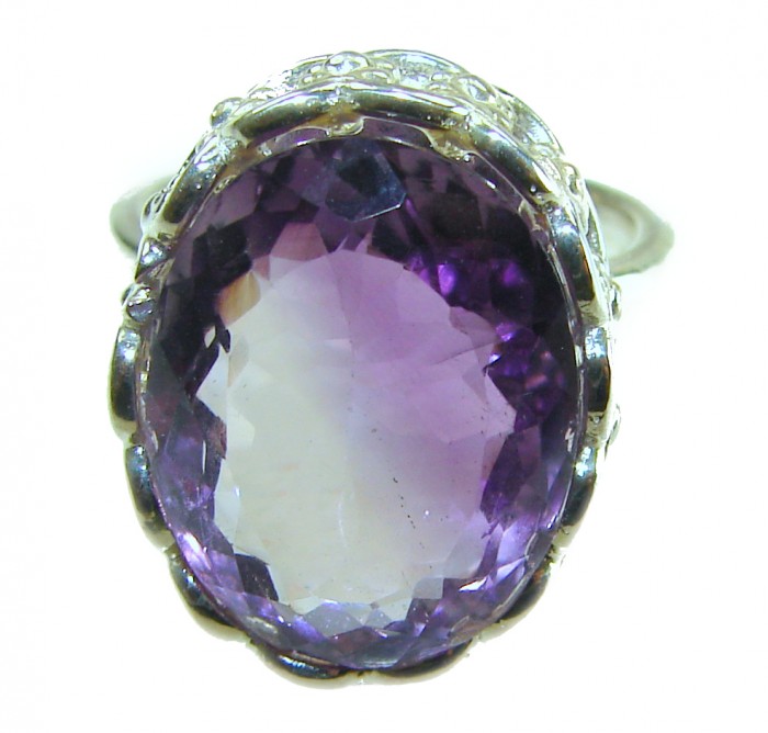 Purple Amethyst .925 Sterling Silver Handcrafted Large Ring size 7 1/4 - Close-up of large purple amethyst set in handcrafted sterling silver ring.
