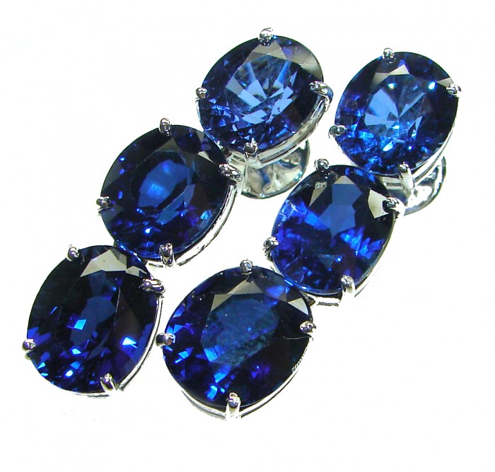Deep Ocean 22.5 carat London Blue Topaz .925 Sterling Silver handmade Statement earrings - Close-up of Deep Ocean London Blue Topaz in .925 Sterling Silver.
