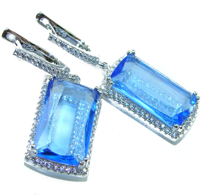 Eau Pure 14.5 carat Swiss Blue Topaz .925 Sterling Silver Handcrafted Earrings - Close-up of Eau Pure Swiss Blue Topaz earrings with sterling silver.