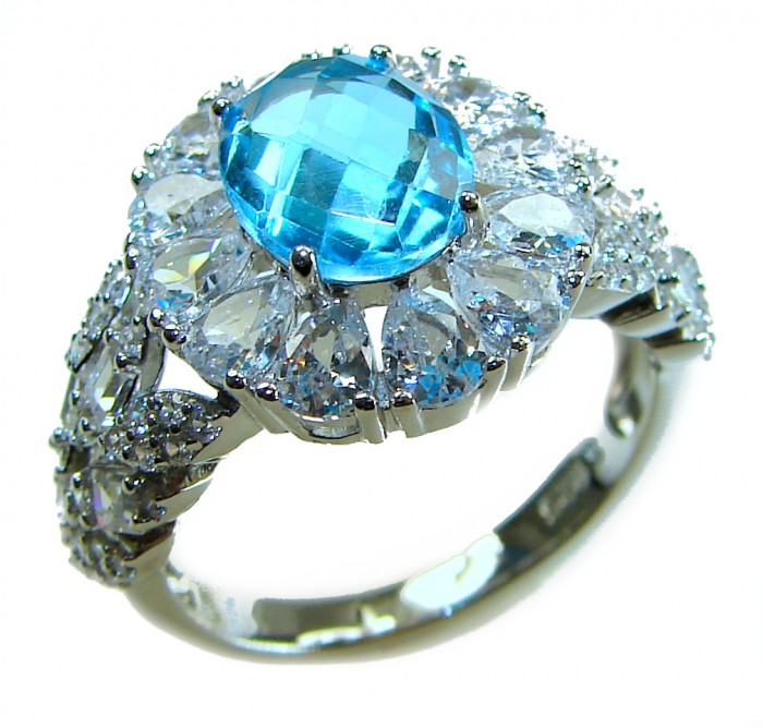 Pacifica 5.8 carat Swiss Blue Topaz .925 Sterling Silver handcrafted Large ring size 8 - Side view of Pacifica 5.8 carat Swiss Blue Topaz ring in sterling silver