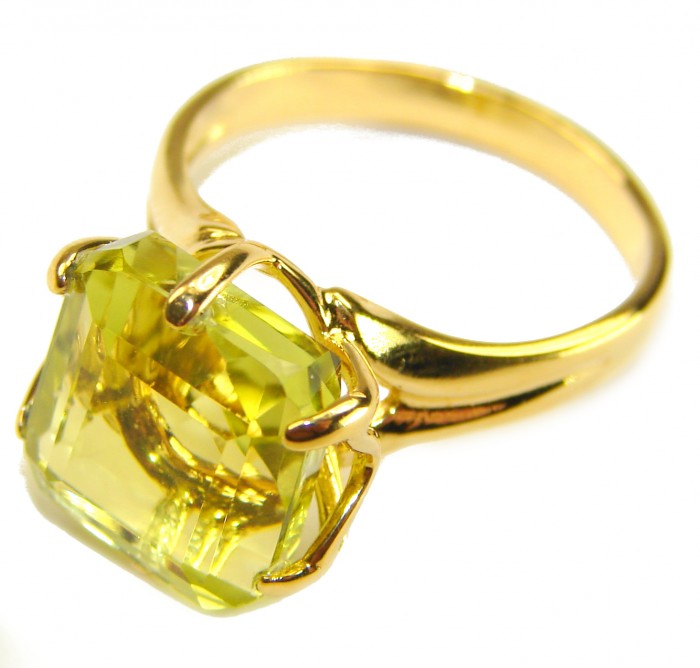 Solid 10.8 carat Genuine Lemon Quartz .925 Sterling Silver DIPPED IN REAL GOLD handcrafted ring size 6 - Close-up of gold ring with 10.8 carat lemon quartz stone.