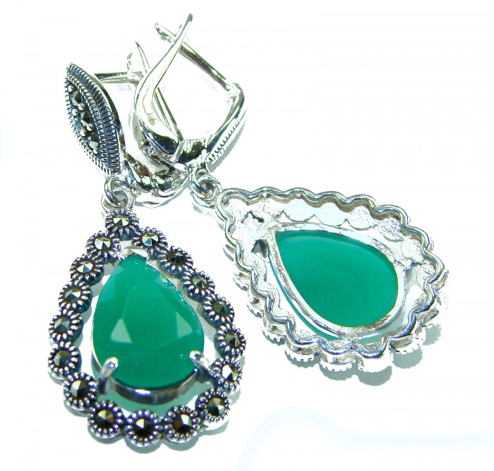 Stella - Very Unique authentic 12.5 carat Jade .925 Sterling Silver handcrafted earrings - Close-up of Stella jade earrings with intricate silver detailing