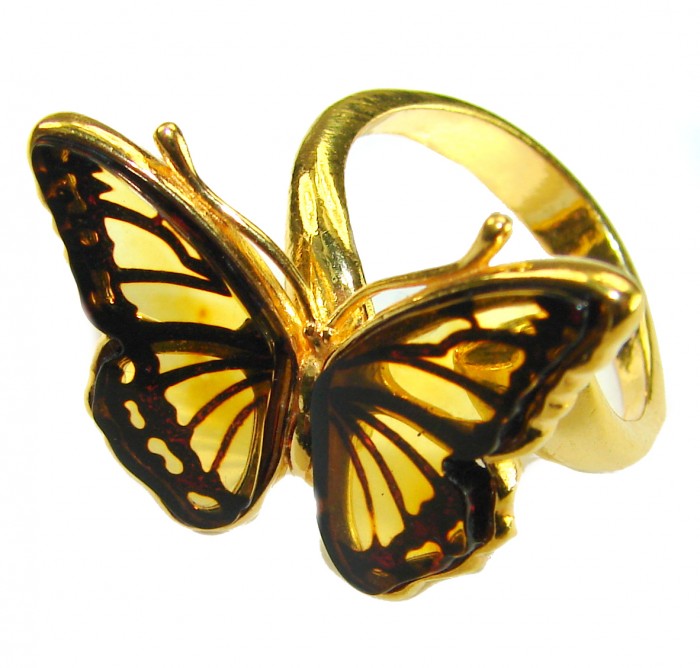 Butterfly Authentic Baltic Amber .925 Sterling Silver dipped in 18K Gold handcrafted ring; s. 6 adjustable - photo 3