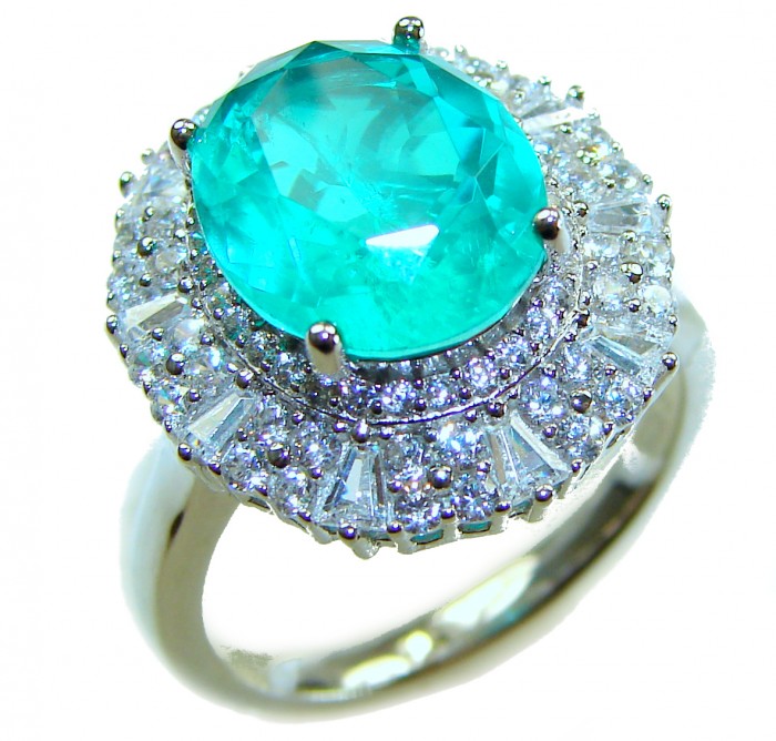 Eau Pure 6.5 carat Paraiba Tourmaline .925 Sterling Silver Handcrafted Ring size 8 1/4 - Close-up of Eau Pure Paraiba Tourmaline ring in sterling silver.