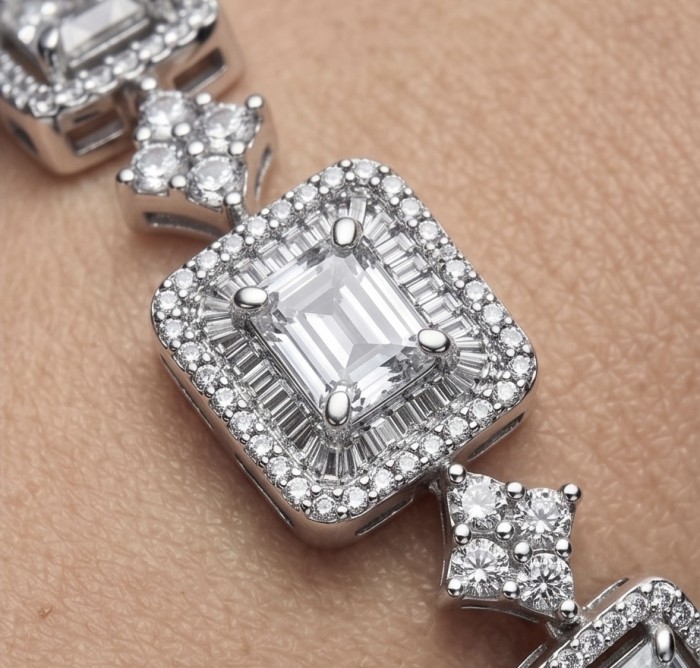 Carolyn - Precious 15.7 carta White Topaz rhodium over .925 Sterling Silver .925 Sterling Silver Statement Bracelet - Close-up of Carolyn white topaz with rhodium detail, worn on skin.