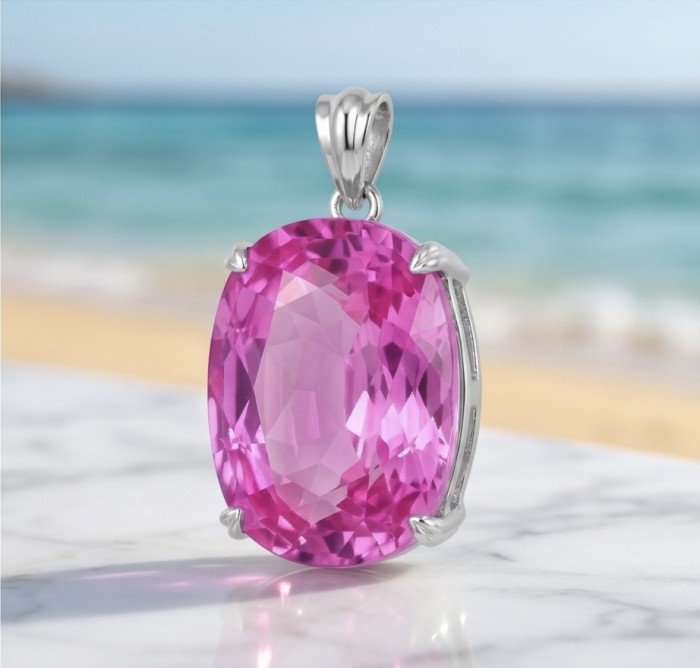 Oval cut 28.8 carat Bubblegum Pink Sapphire from Madagascar .925 Sterling Silver handcrafted pendant - Close-up of oval cut 28.8 carat pink sapphire pendant on marble.