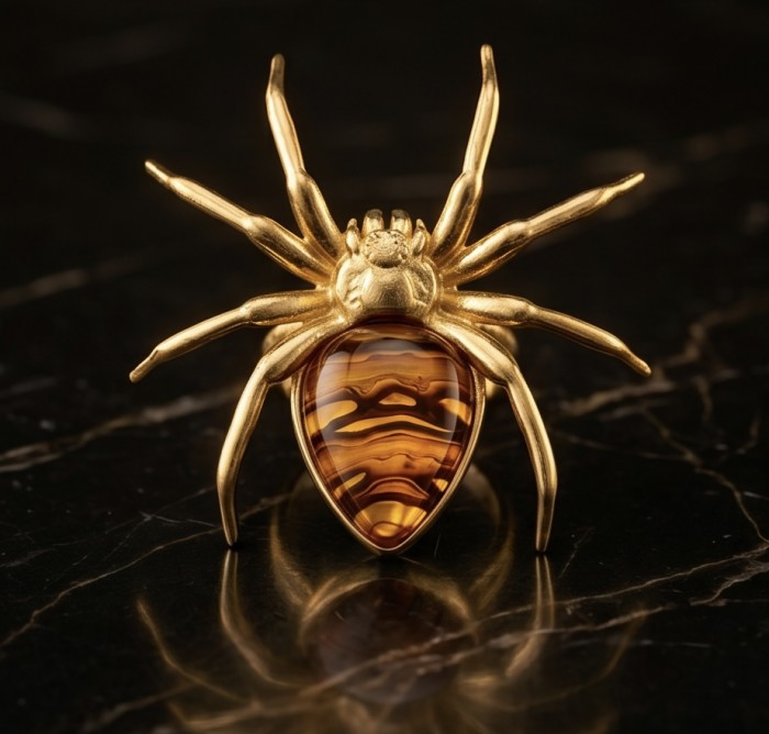 LARGE Golden Spider Authentic Baltic Amber .925 Sterling Silver dipped in 18K Gold handcrafted ring; s. 8 adjustable - Golden spider brooch with Baltic amber, top view on black marble background.