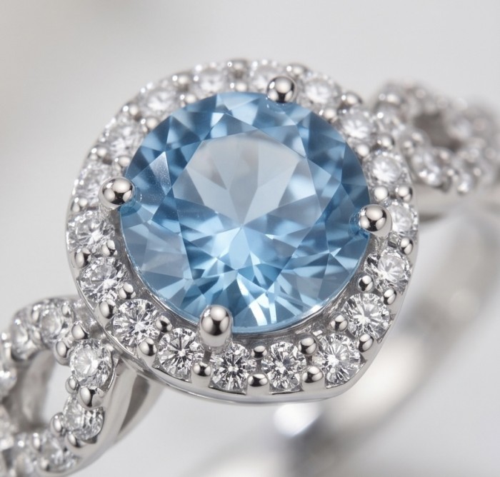 Atlntica 5.8 carat Swiss Blue Topaz .925 Sterling Silver dipped in rhodium handcrafted ring size 8 - Close-up of Swiss Blue Topaz ring with diamond accents in sterling silver.