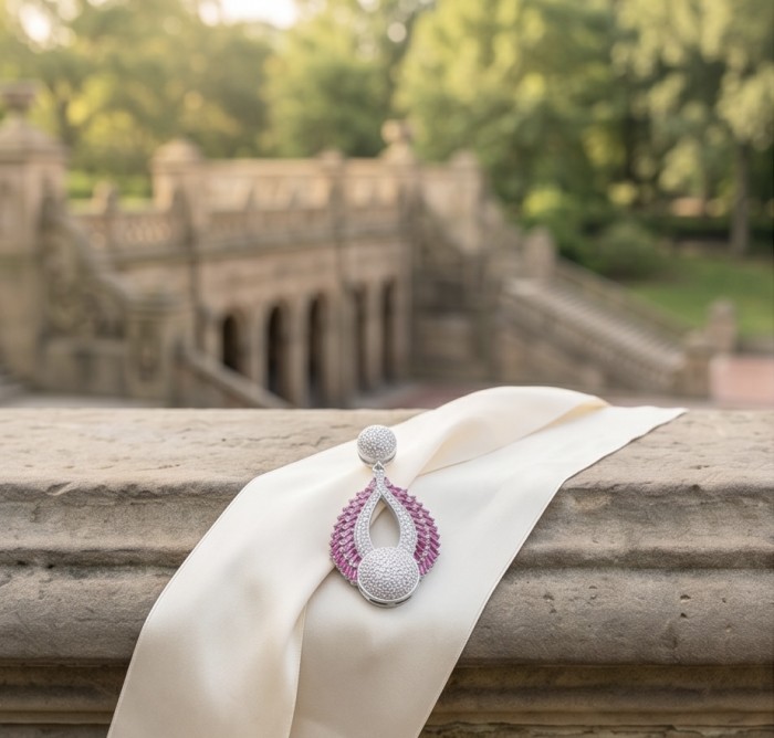Antonina - 6.5 carat Ruby .925 Sterling Silver dipped in rhodium handcrafted incredible Pendant - Front view of Antonina ruby and sterling silver brooch on stone ledge