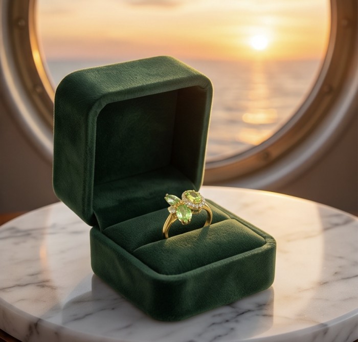 Summer - authentic 7.5 carat Peridot 18K Gold over .925 Sterling Silver Ring size 8 - Peridot ring in green velvet box, showcased with sunset backdrop.