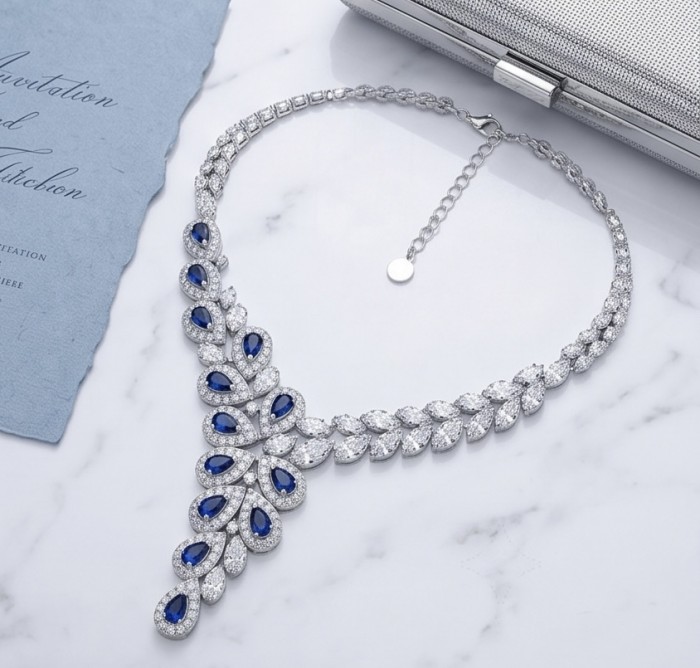 Blue Royalty art deco 8.2 carat Sapphire .925 Sterling Silver handcrafted Statement Necklace - Top view of art deco sapphire necklace with chain extender.