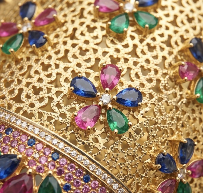Byzantine design Authentic Ruby 14K Gold over .925 Sterling Silver handmade handcrafted Bracelet / Cuff - Close-up of Byzantine 14K gold jewelry with rubies and gemstones.