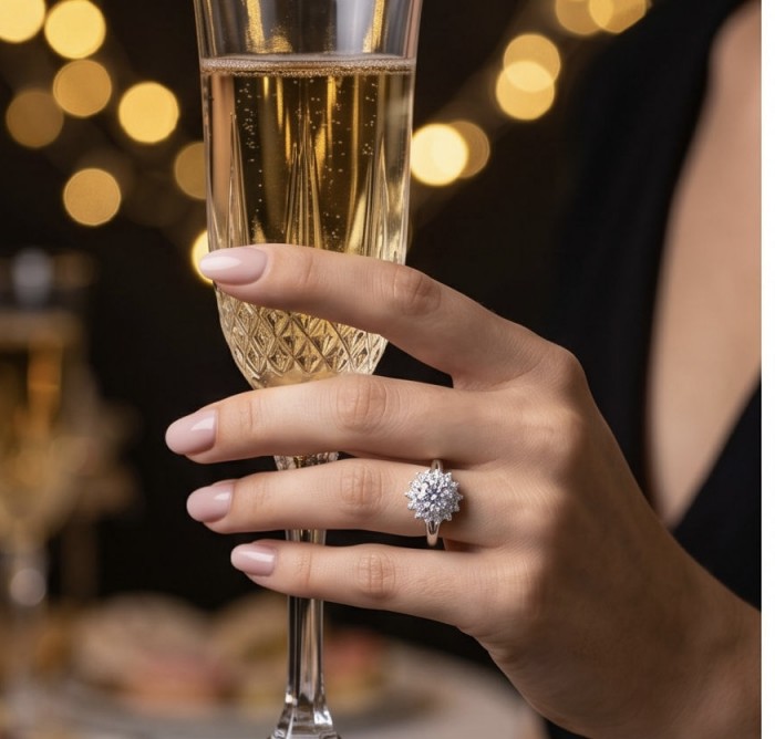 Aphrodite - 4.8 carat White Topaz Silver handcrafted Soild ring size 8 - Ring on hand holding a champagne glass, showcasing 4.8 carat white topaz.