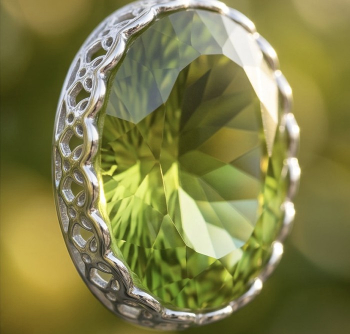 Wise Bliss Authentic 31.6 carat Green Amethyst .925 Sterling Silver handmade Pendant - Close-up of Wise Bliss 31.6 carat Green Amethyst in silver setting