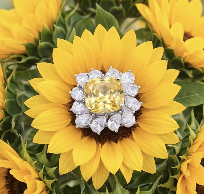 Art Deco - Luxurious asscher cut 7.9 carat Yellow Sapphire .925 Sterling Silver handcrafted Ring s. 8 1/4 - Yellow sapphire stone close-up on sunflower background