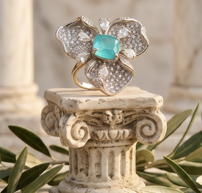 Elizabeth 4.8 carat Colombian Emerald 8.2 carat Moissanite .925 Sterling Silver dipped in Rhodium handcrafted Ring size 6 1/4 - Close-up of Elizabeth ring with emerald and moissanite on ornate pedestal
