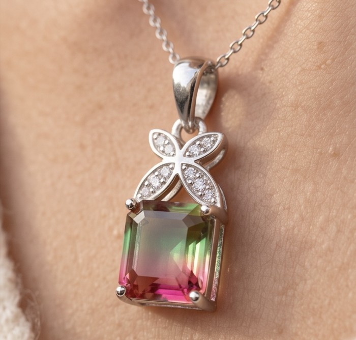 Isabella 4.8 carat princess cut Brazilian Tourmaline .925 Sterling Silver Perfectly handcrafted pendant - Close-up of Isabella Brazilian Tourmaline pendant worn on neck.