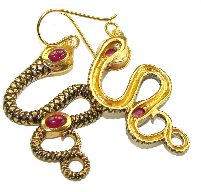 Very Unique Snakes Ruby Enamel 18K Gold over .925 Sterling Silver handcrafted earrings - photo 1