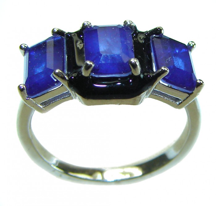 Art Deco 6.8 carat Sapphire black enamel .925 Sterling Silver handcrafted Ring size 7 - photo 2
