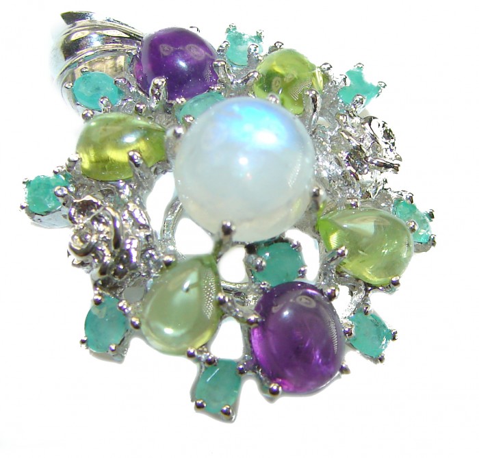 Genuine 6.2 carat Fire Moonstone .925 Sterling Silver handcrafted pendant - Close-up of multicolored gemstone cluster in sterling silver setting.