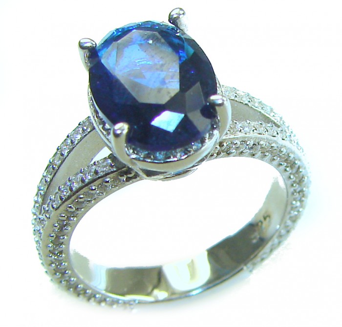 Luxurious 7.8 carat Sapphire .925 Sterling Silver handcrafted Ring size 6 - Side view of luxurious 7.8 carat sapphire sterling silver ring.
