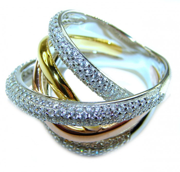 New Art 18k Gold over .925 Silver handcrafted Cocktail Ring s. 6 - Close-up of intertwined gold and silver cocktail ring with diamonds.