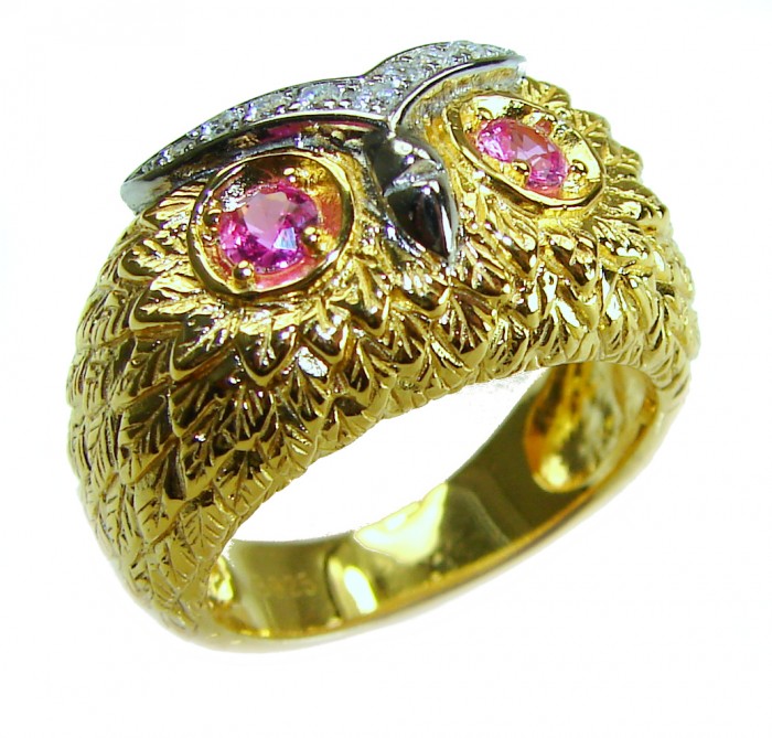 Owl Garnet Eyes .925 Sterling Silver dipped in real Gold handmade Ring size 7 1/4 - Gold owl ring with garnet eyes, side view, sterling silver detail.