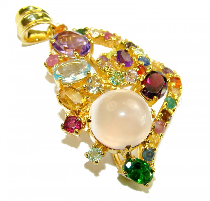 Marie Antoinette's STYLE authentic 20.5 carat Brazilian Rose Quartz 18K Rose Gold over .925 Sterling Silver handcrafted Statement pendant - Colorful gemstone pendant, side view, featuring a large round central stone.