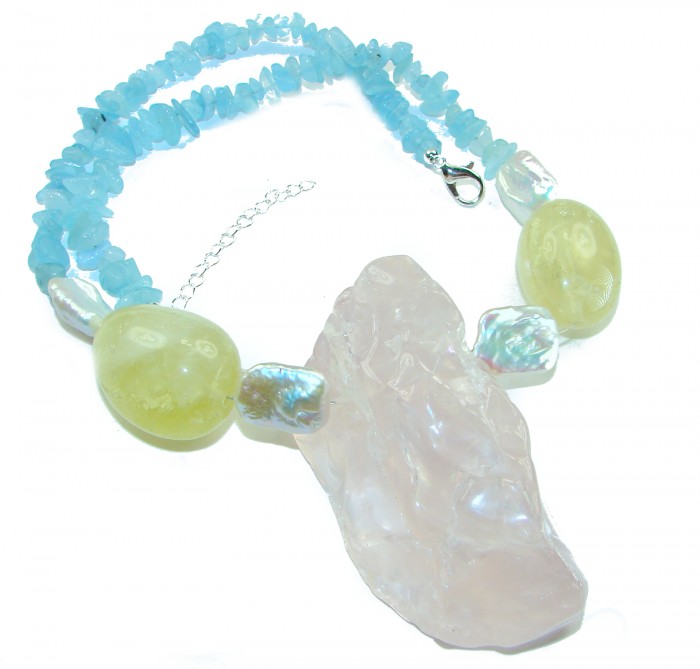 Bochic style Outstanding 288.8 carat Brazilian Rose Quartz .925 Sterling Silver handcrafted Statement necklace; 190.8 grams - Bochic necklace with rose quartz, blue stones, and clasp detail.