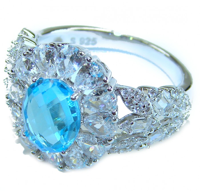 Pacifica 5.8 carat Swiss Blue Topaz .925 Sterling Silver handcrafted Large ring size 8 - Side view of Pacifica ring with Swiss Blue Topaz in .925 Sterling Silver.