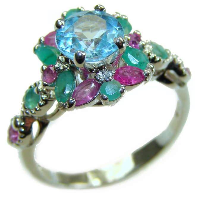 Emily 4.5 carat Swiss Aquamarine Ruby .925 Sterling Silver handmade Statement Ring size 6 - Side view of silver ring with aquamarine and ruby gemstones