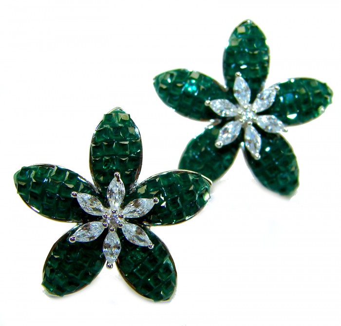 Incredible green Flowers genuine 10.5 CARAT Emerald .925 Sterling Silver handcrafted Earrings - Emerald flower earrings, top view, diamond accents, 10.5 carat, silver setting.