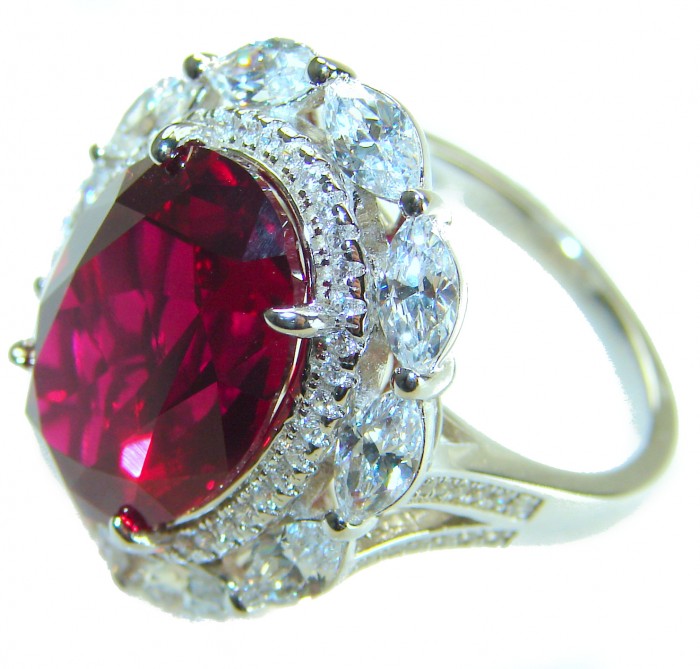 Bella Rosa Genuine 18.2 CARAT Star Ruby .925 Sterling Silver Large Statement Ring size 7 1/4 - Side view of Bella Rosa 18.2 CARAT Star Ruby ring with diamond accents.