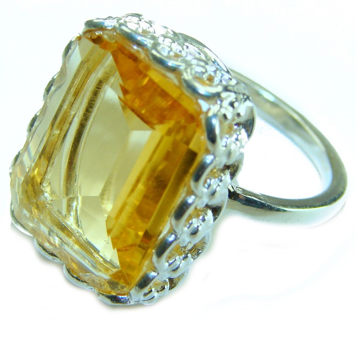 Solid 22.8 carat Genuine Lemon Quartz .925 Sterling Silver handcrafted ring size 10 1/4 - Close-up of 22.8 carat lemon quartz ring in .925 sterling silver.